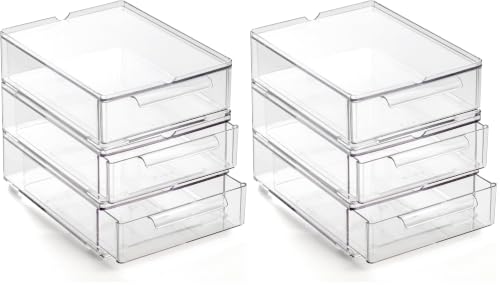 Small Clear Stackable Storage Drawers Set of 6 - Plastic Organizer with Handles
