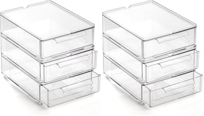 Small Clear Stackable Storage Drawers Set of 6 - Plastic Organizer with Handles