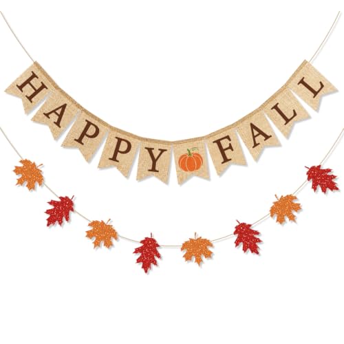 Fall Burlap Banner and Glitter Leaves Garland - Autumn Party Decor