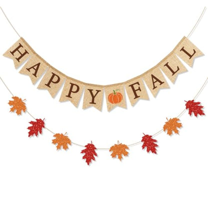 Fall Burlap Banner and Glitter Leaves Garland - Autumn Party Decor
