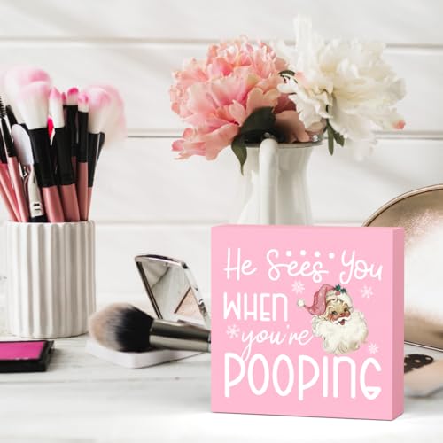 Pink Christmas Bathroom Decor - Xmas Shelf Sign with Santa Hat - Farmhouse Office Bedroom