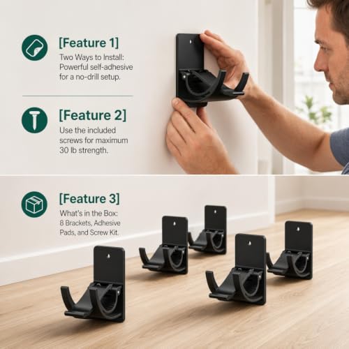 No Drill Curtain Rod Brackets with Adhesive & Screws - Supports 20-30 lb, Fits 0.55-1.2 in Rods - 4 Pack, Matte Black - Variation 4
