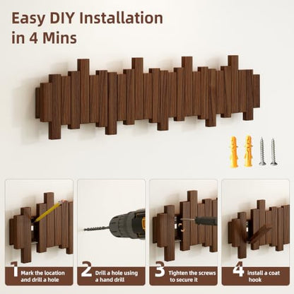 Walnut Wooden Wall-Mounted Coat Rack with 8 Hooks - Flip-Down Space Saver Hanger