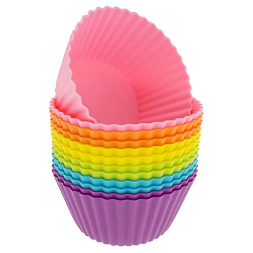 Freshware Silicone Baking Cups [12-Pack] Reusable Cupcake Liners Non-Stick Muffin Cups Cake Molds Cupcake Holder in 6 Rainbow Colors, Large Round