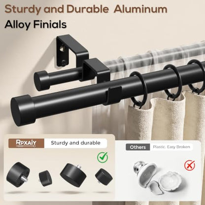 Heavy Duty Double Curtain Rod Set - Black, Adjustable 36-153 Inches