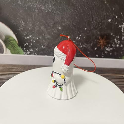 Christmas Ghost Ornament with Santa Hat - Resin Holiday Hanging Decor