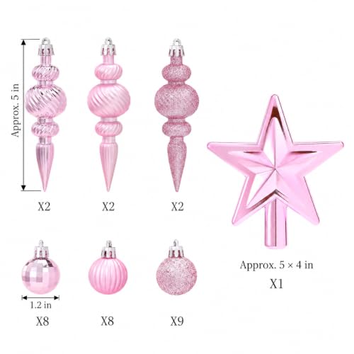 Pink Mini Christmas Ornaments Set with Star Tree Topper - 32PCS, Shatterproof
