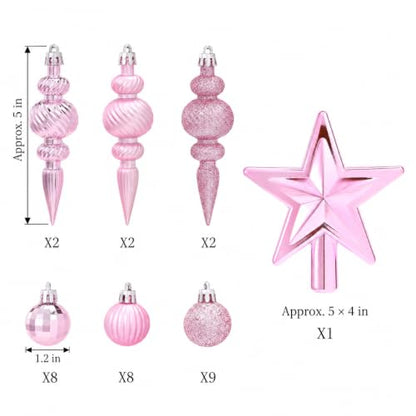 Pink Mini Christmas Ornaments Set with Star Tree Topper - 32PCS, Shatterproof