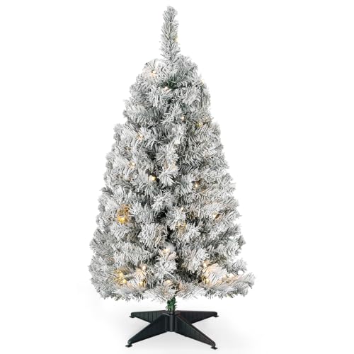 Okicoler 4ft Pre-Lit Flocked Artificial Christmas Tree with 80 LED Lights, 11 Modes, White Snow Finish