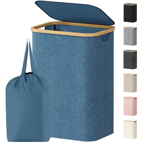 Lifewit 80L Laundry Basket with Lid, Clothes Hampers for Laundry with Bamboo Handles and 1 Removable Bag, Large Foldable Laundry Hamper for Bedroom, Bathroom, Dorm, Laundry Room, Beige