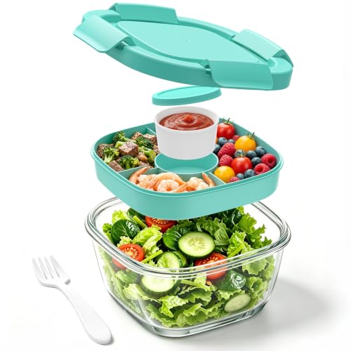 BiuLeon Green Glass Salad Container 56oz with Airtight Lid & 4-Compartment Tray