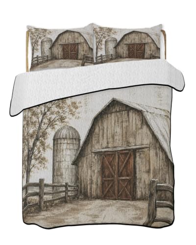 Brown Farmhouse Wood Barn Quilts Twin XL Comforter Set - Rustic Vintage Bed Bedding