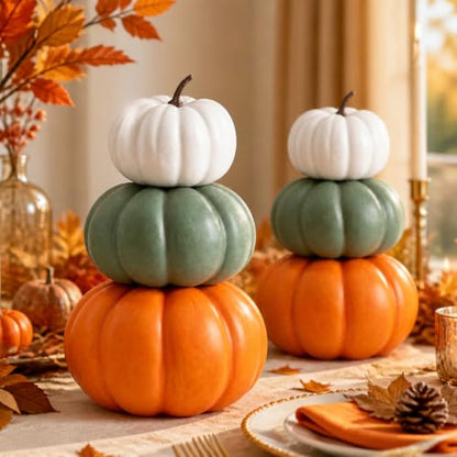 Marsui Fall Decor 2-Set Stacked Pumpkins with White, Green, Orange - 11.8"