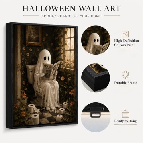 Halloween Ghost Wall Art Canvas Print - Reading Ghost in Bathroom 8x10