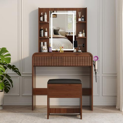Walnut Makeup Vanity Desk with Mirror and Lights, 2 Drawers & Stool - Variation Walnut / 31.69 INCH