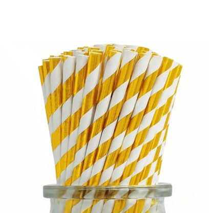 Gold and White Striped Paper Drinking Straws - 100 Count Disposable Party Cocktail Straws for Birthday Wedding Christmas Holiday - Variation of Gold White Striped