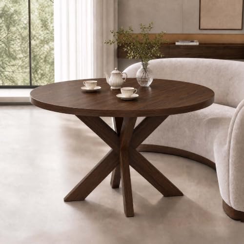 47-Inch Round Dining Table for 4-6 People with Walnut Finish, Wood Pedestal Base