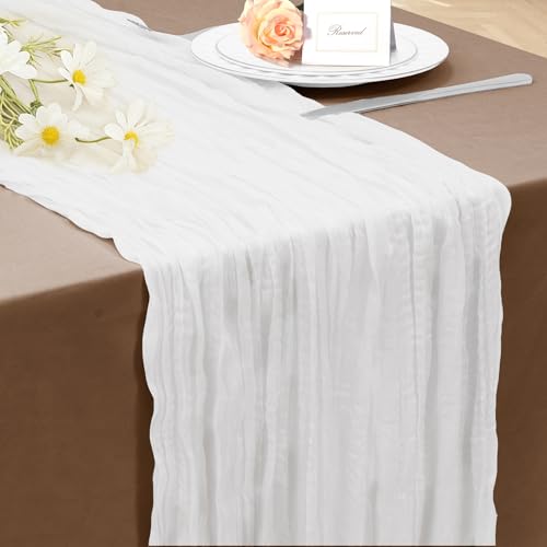 White Cheesecloth Table Runner 35x120 Inches - Gauze Wrinkle Design, 1 Pack - Bohemian Style, Casual Decor