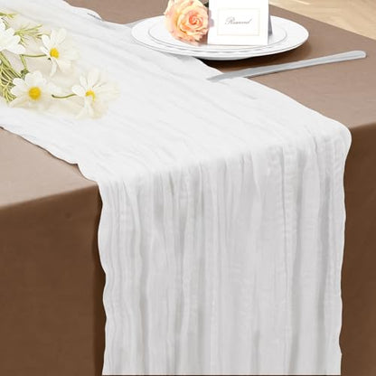 White Cheesecloth Table Runner 35x120 Inches - Gauze Wrinkle Design, 1 Pack - Bohemian Style, Casual Decor