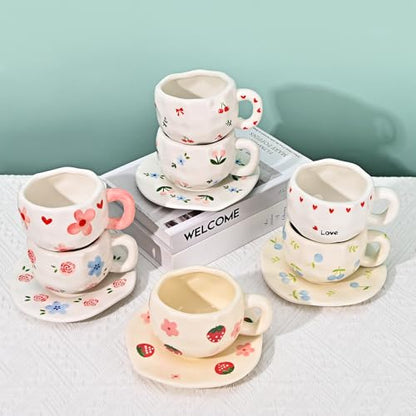 Irregular Ceramic Mug with Saucer - 10oz Strawberry Flower Latte Cup - Handcrafted