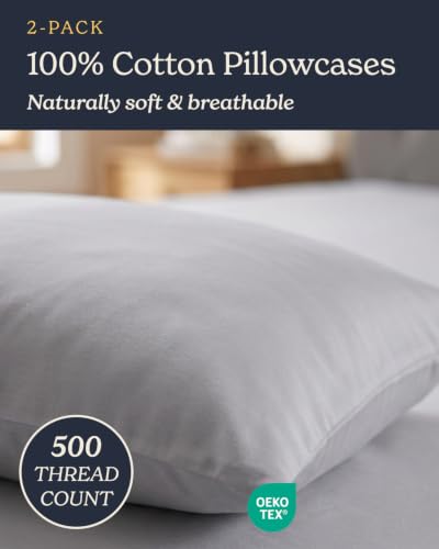 Light Gray Queen Pillowcases Set of 2 - Cool Touch Sateen Cotton, 500TC, Silky & Soft