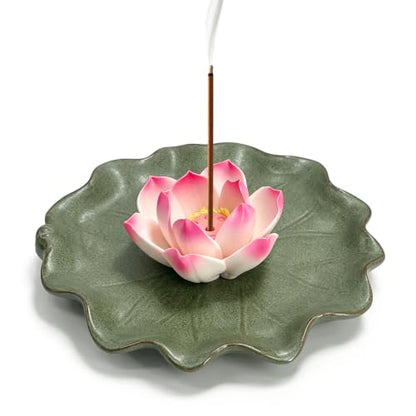 Ceramic Incense Holder with Detachable Lotus & Leaf Tray for Meditation