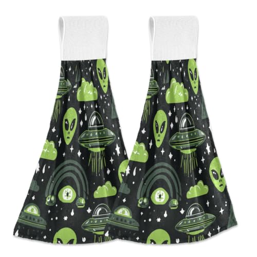 Alien UFO Green Hanging Kitchen Towels - Pack of 2 Dish & Hand Towels