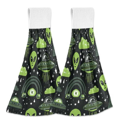 Alien UFO Green Hanging Kitchen Towels - Pack of 2 Dish & Hand Towels