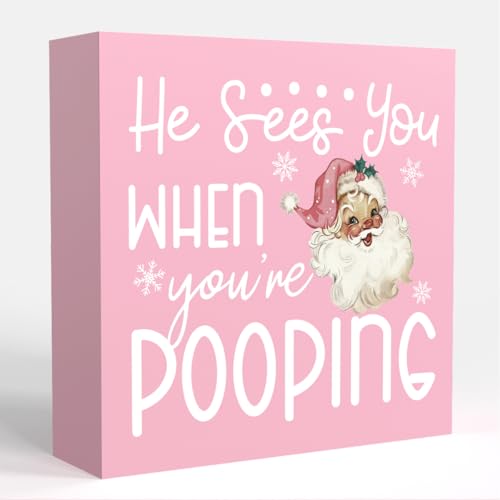 Pink Christmas Bathroom Decor - Xmas Shelf Sign with Santa Hat - Farmhouse Office Bedroom
