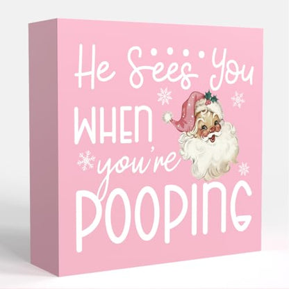 Pink Christmas Bathroom Decor - Xmas Shelf Sign with Santa Hat - Farmhouse Office Bedroom