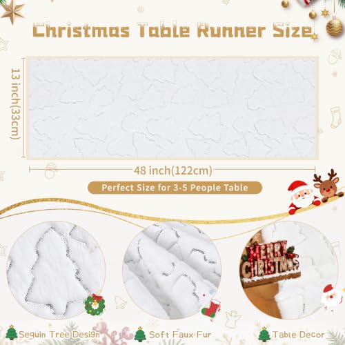 White Faux Fur Christmas Table Runner with Silver Sequin Trees - 13x48 Inches - Variation of THIS listing