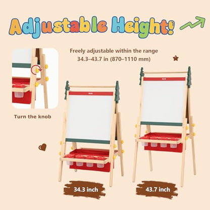 Kids Art Easel with Paper Roll & Magnetic Whiteboard - Red Christmas Tree