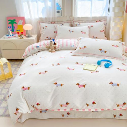 Queen Comforter Set Pink Dachshund Striped Bedding for Girls - Reversible US