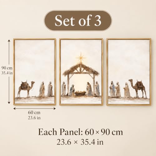3-Piece Nativity Wall Art Set - Framed Religious Decor, 24 x 36 in Wheat Cocoa