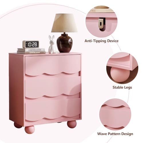 3-Drawer Dresser for Bedroom in Pink - Wave Front, 23.6" W x 13.8" D x 28.7" H, Wooden Storage Chest