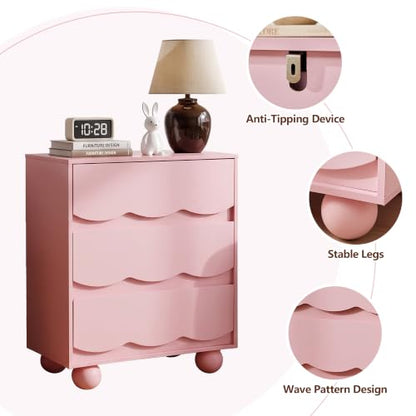 3-Drawer Dresser for Bedroom in Pink - Wave Front, 23.6" W x 13.8" D x 28.7" H, Wooden Storage Chest