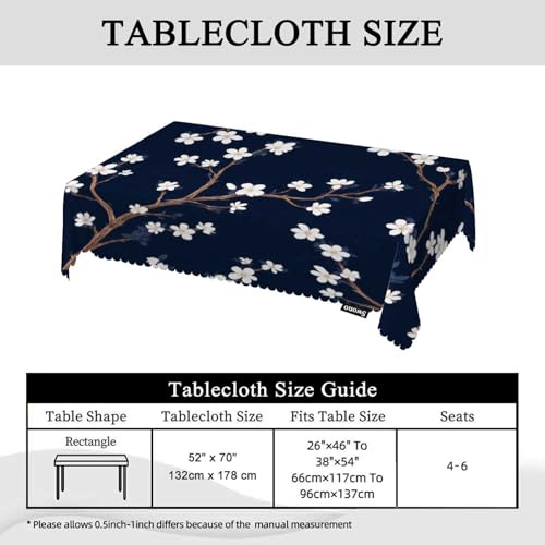 Cherry Blossoms Tablecloth 52x70 Inch Rectangular Navy Blue & White Flower Design - Wipeable Kitchen Dining Decor