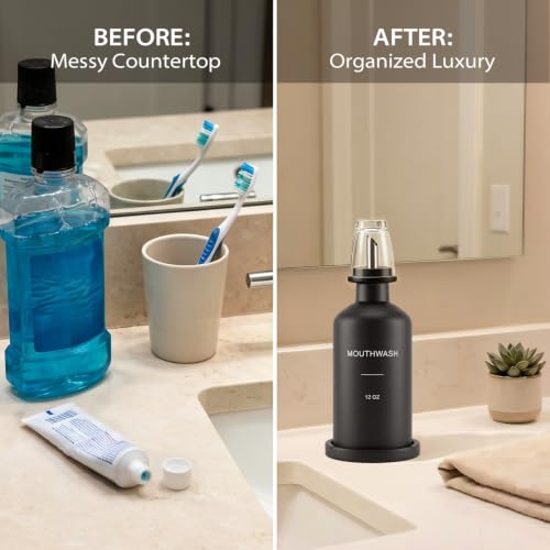 Glass Mouthwash Dispenser Set Black with Reusable Cup & Bamboo Nozzle - 350ml