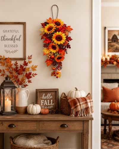 Set of 2 Fall Sunflower Metal Swags for Indoor Outdoor Decor 22" x 10"
