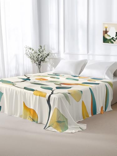 Queen Size Colorful Leaf Vine Flat Sheet - Microfiber Breathable Bed Cover in Orange Gray Blue Green