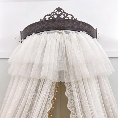Princess Bed Canopy Double Layer Lace Bed Curtain with Metal Crown Frame - White+Pink
