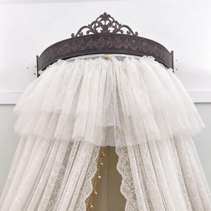 Princess Bed Canopy Double Layer Lace Bed Curtain with Metal Crown Frame - White+Pink