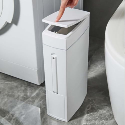 Slim Bathroom Trash Can with Toilet Brush Set - Space-Saving Organizer
