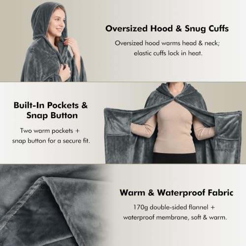 Waterproof Hooded Blanket Poncho with Hand Pockets for Women