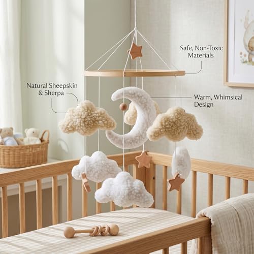 Baby Crib Mobile with Moon Clouds & Wooden Stars - Nordic Style Nursery Decor