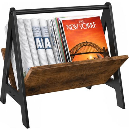 Wood Magazine Holder Floor Rack with Tilted Display and Anti-Slip Base