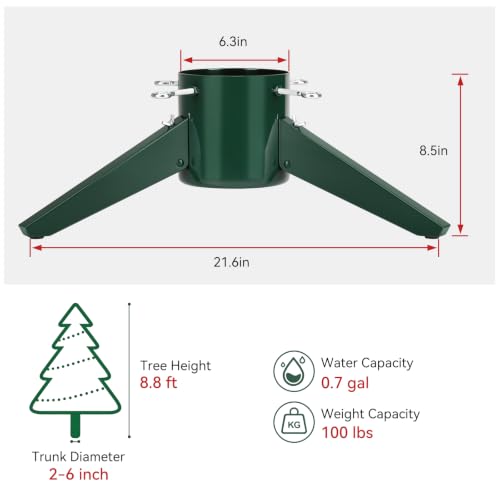Metal Christmas Tree Stand for 8ft Live Trees - Green, 100lb Capacity