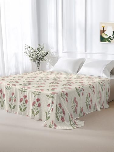 Twin XL Flat Sheet Pink Flowers Microfiber Bed Sheets - Blush Pink, Cream, Rose, Olive