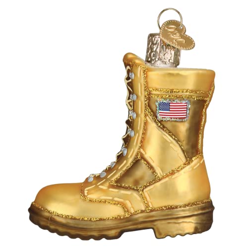 Military Boot Glass Ornament - Gold Combat Boot with Flag Patch, Handcrafted Holiday Decoration, 3 x 2.75 Inches