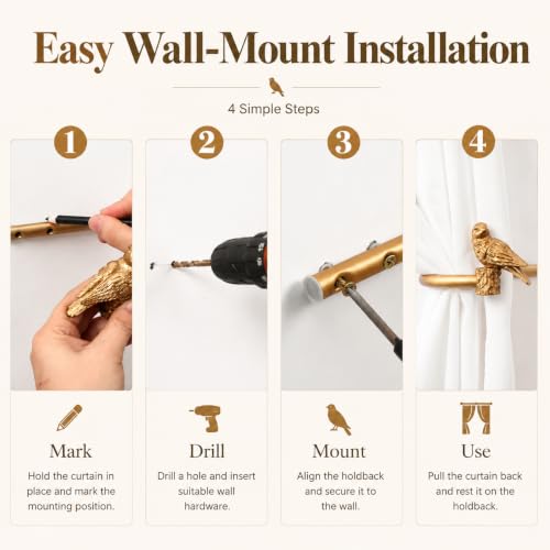 Gold Bird Curtain Holdbacks Set of 2 Wall Mount Drapery Holders
